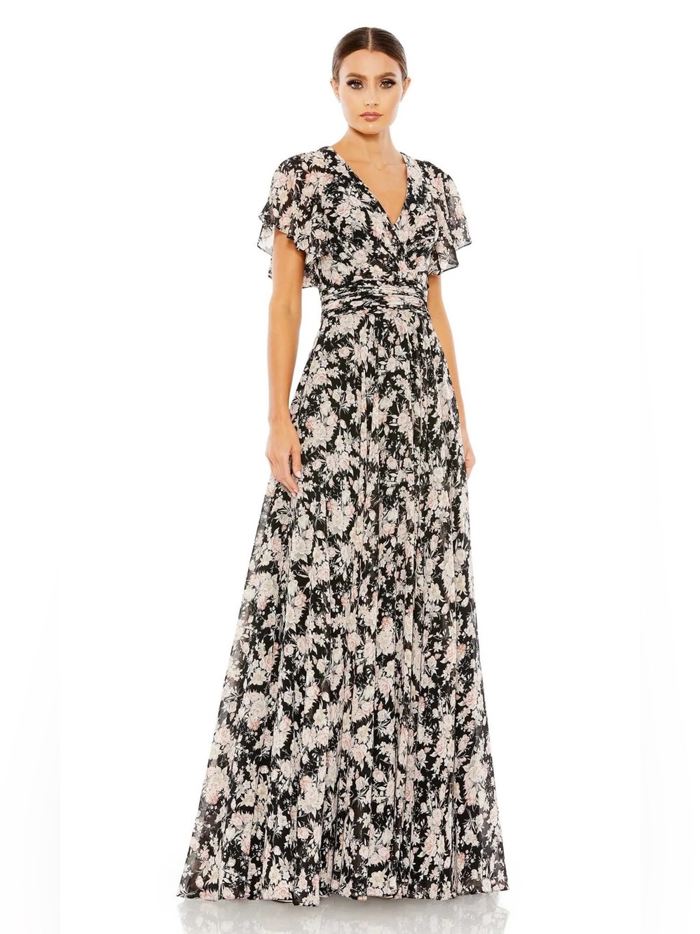Ieena For Mac Duggal Floral V-Neckline Short Ruffle Sleeve Maxi Dress